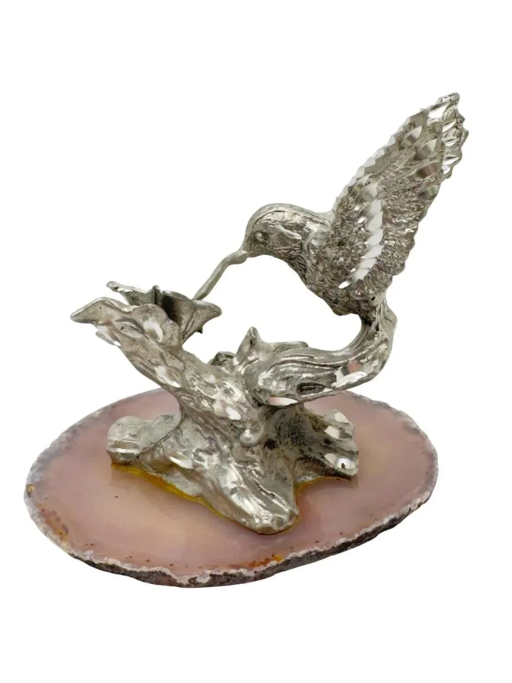 Pewter Hummingbird & Hibiscus Vtg Figurine Separate Agate Base 3.5